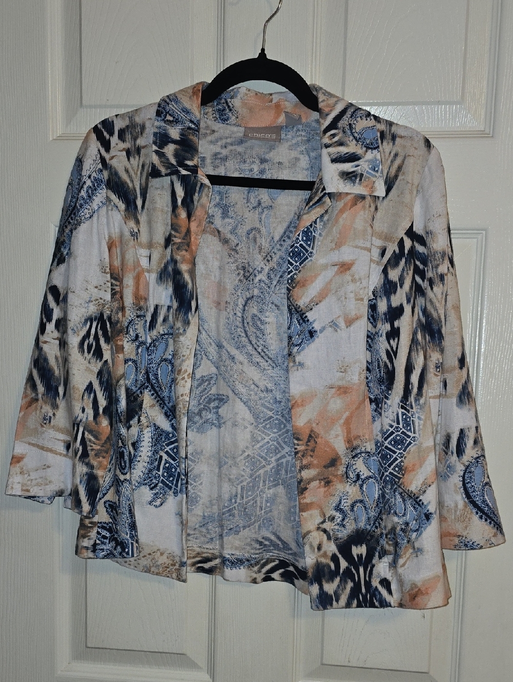Chico's Floral-Print‎ Open Jacket in Peach and Light Blue